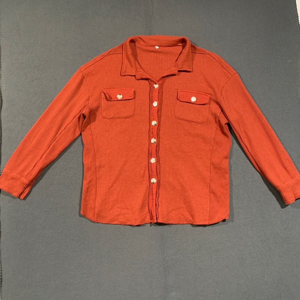 Unbranded Waffle Knit Button Down Women L Rust Orange Thermal Shirt Shacket Boho